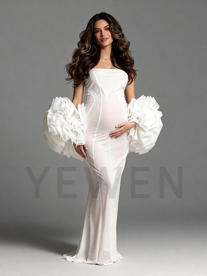 3D organza flower cape detail on maternity dress designed for elegant pregnancy photoshoots