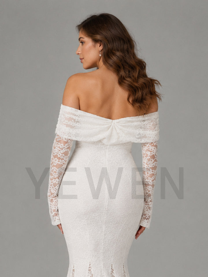 A woman shown from the back wearing an off-the-shoulder white lace dress with long lace sleeves, photographed against a plain gray studio background. A large translucent 'YEWEN' watermark overlays the lower portion of the image.