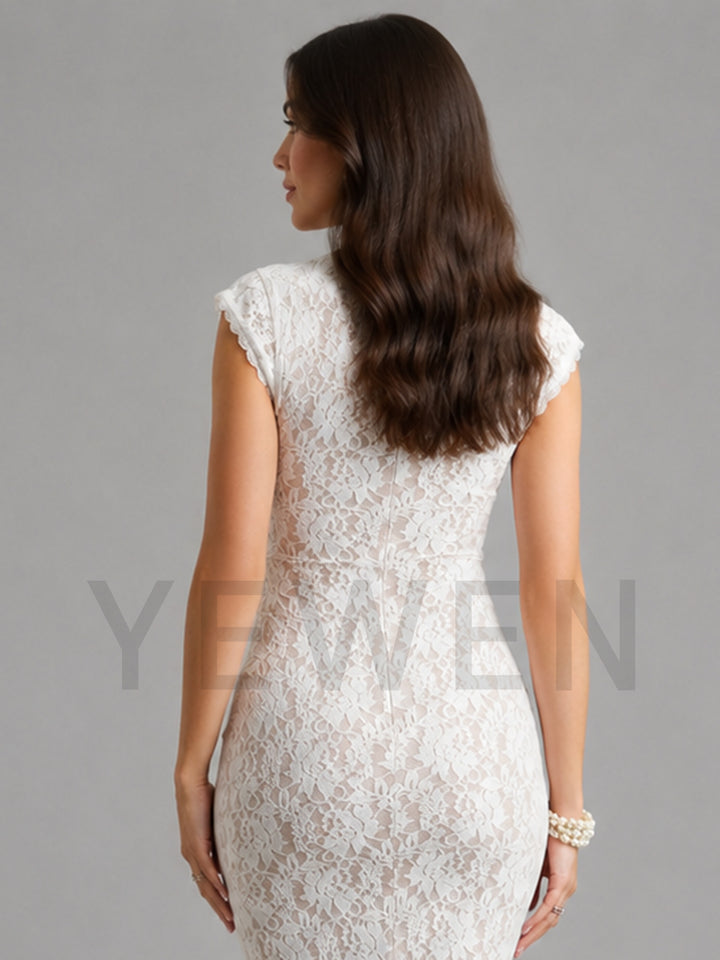 A woman shown from the back wearing a fitted white lace dress with cap sleeves, photographed against a plain light gray studio background. A large translucent 'YEWEN' watermark overlays the lower portion of the image.