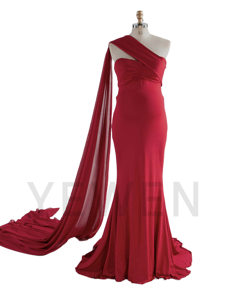 Front view of red fitted maternity mermaid dress for baby shower and wedding