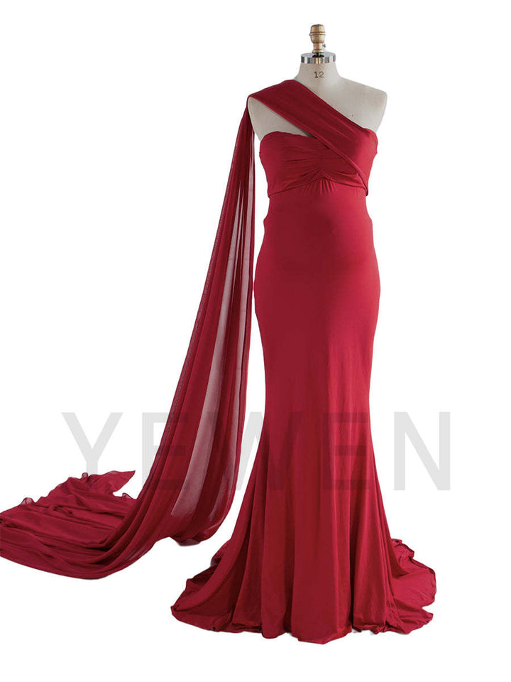 Front view of red fitted maternity mermaid dress for baby shower and wedding