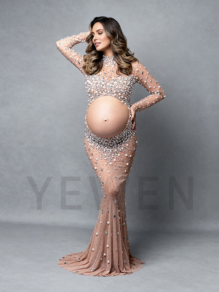 Full body view of sexy beaded maternity photography dress designed for elegant photoshoot sessions