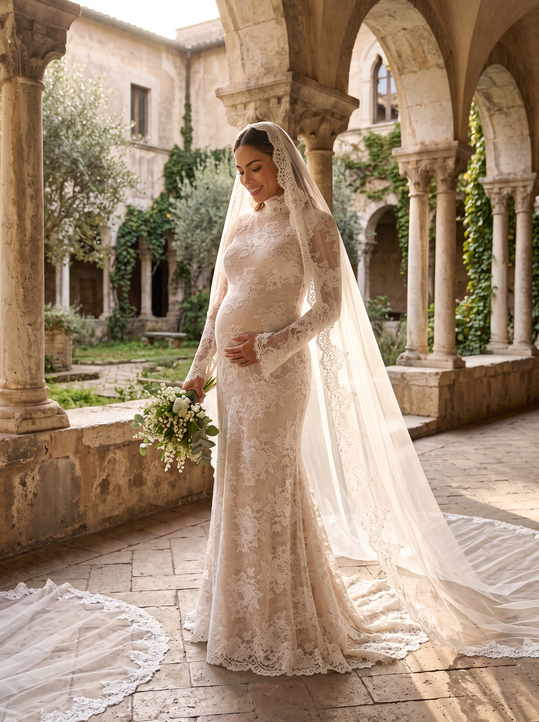 A pregnant woman wearing a long-sleeve lace wedding gown and matching sheer veil stands in a sunlit stone courtyard with arches and greenery, holding a bouquet.