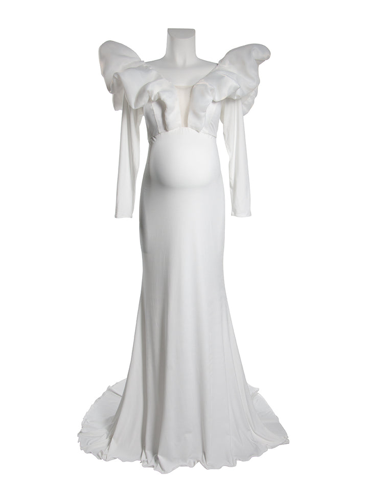 Full front view of a maternity wedding gown with V-neck and long sleeves displayed on a mannequin.