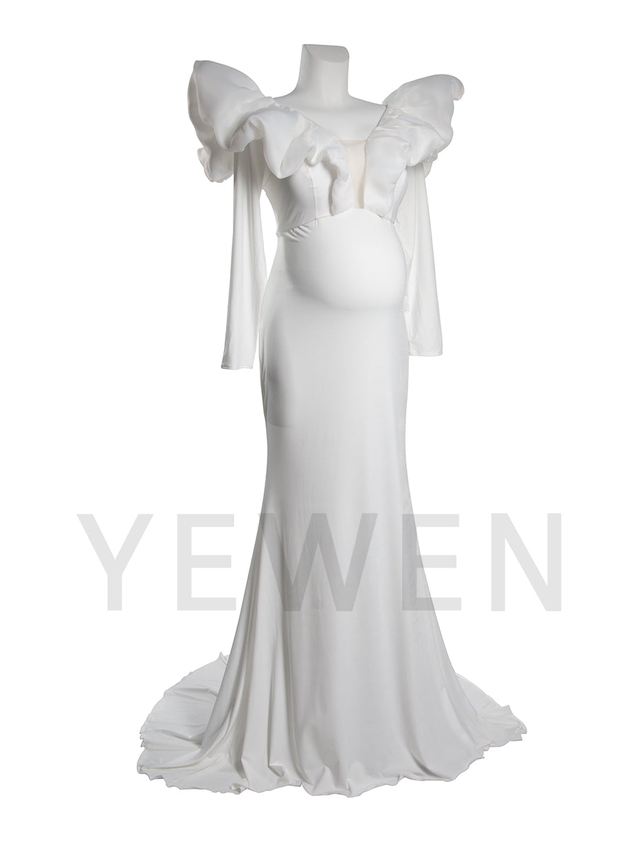 Side view of a maternity wedding gown with mermaid silhouette and bow shoulder details displayed on a mannequin.