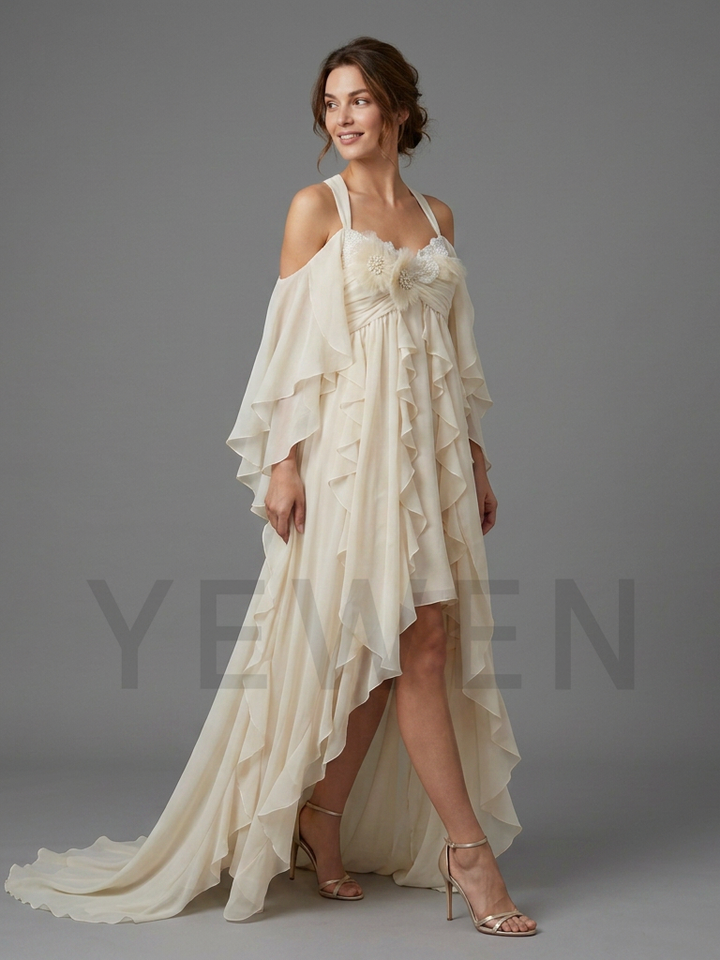 A woman modeling a cream off-the-shoulder high-low dress with layered ruffle sleeves, a floral bodice detail, and a long flowing train against a solid gray studio background.