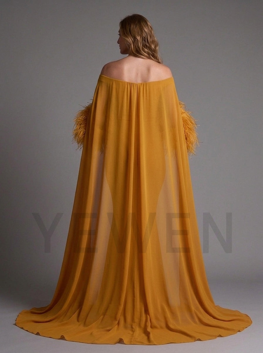 Back view of a caramel off-shoulder feather cape pregnancy dress, high stretch fit.