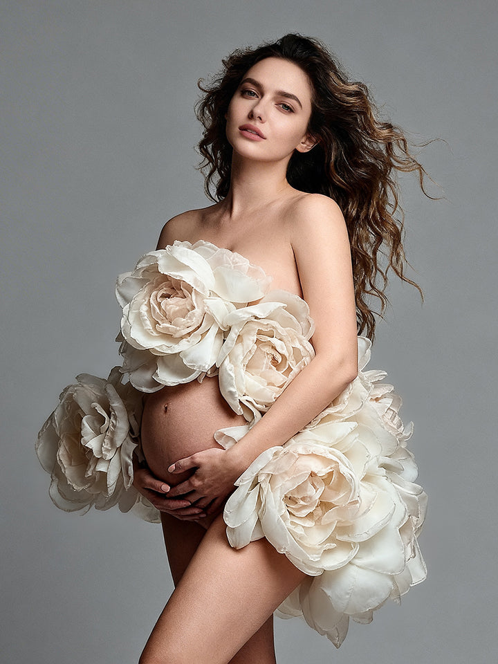 Handcrafted organza floral cape designed for maternity photoshoot, bridal styling, and pregnancy photography props