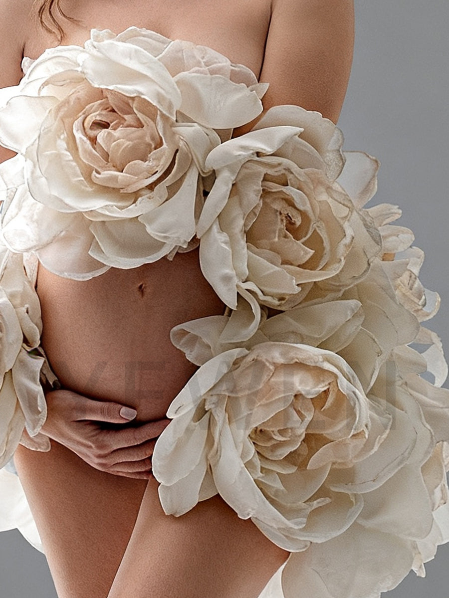 Lifestyle real shot of organza floral cape used as pregnancy photoshoot prop and bridal photography accessory