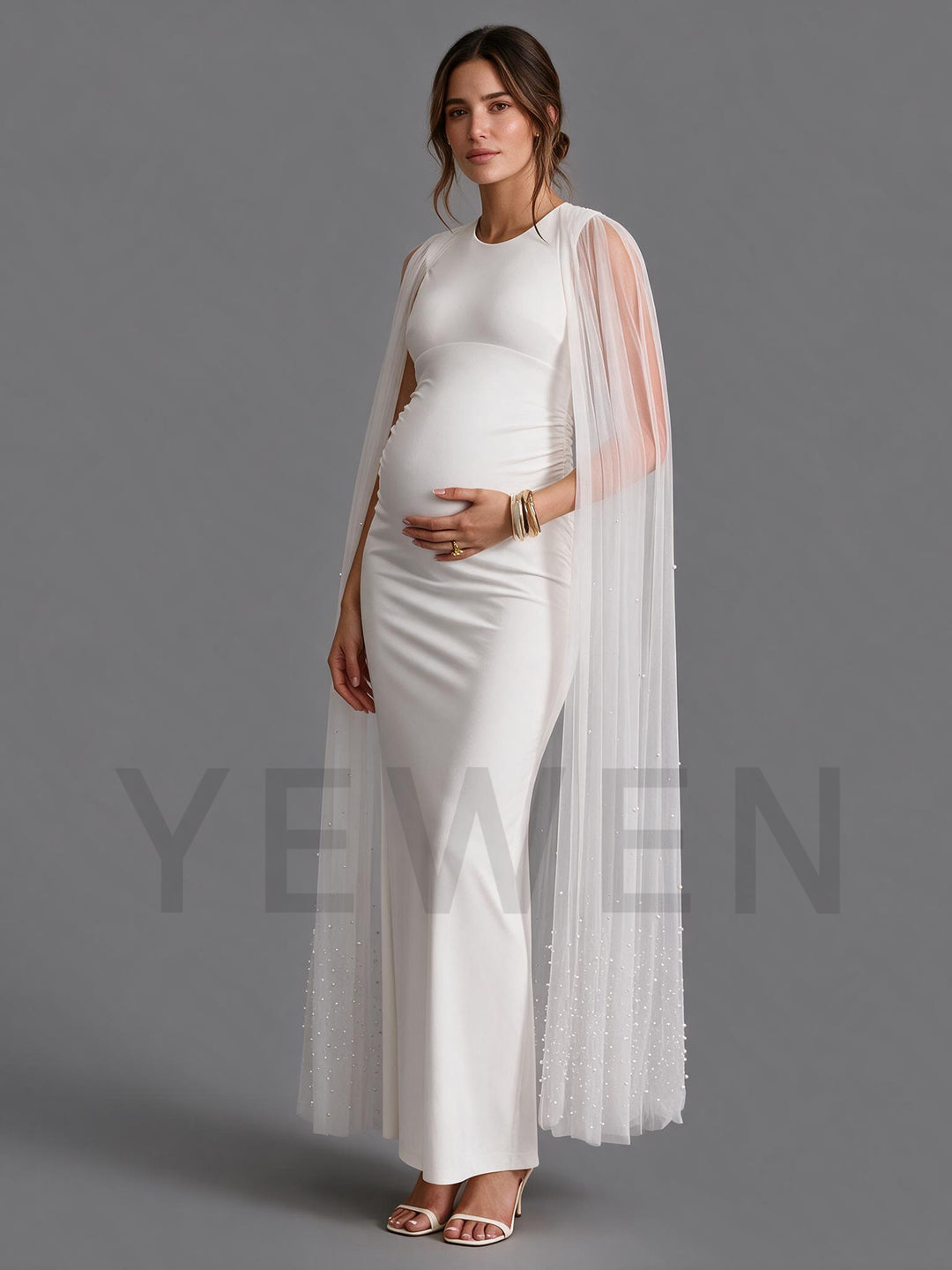 Elegant Crew Neck Fitted Maternity Gown with Pearl Detailed Cape