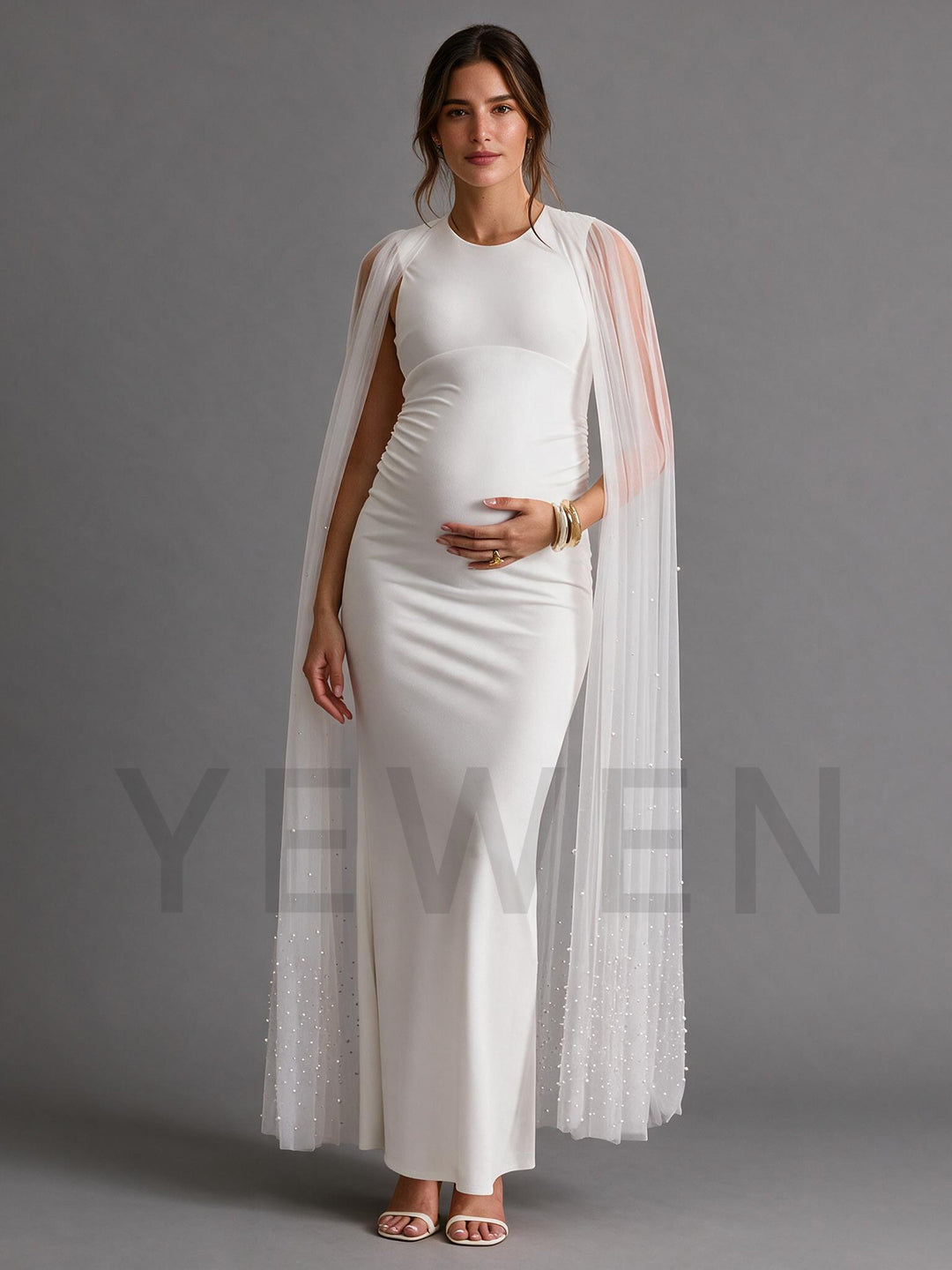 Elegant Crew Neck Fitted Maternity Gown with Pearl Detailed Cape