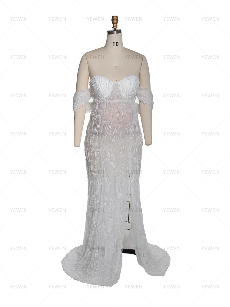 Elegant front view of pearl maternity photoshoot dress with fitted silhouette for pregnancy photography