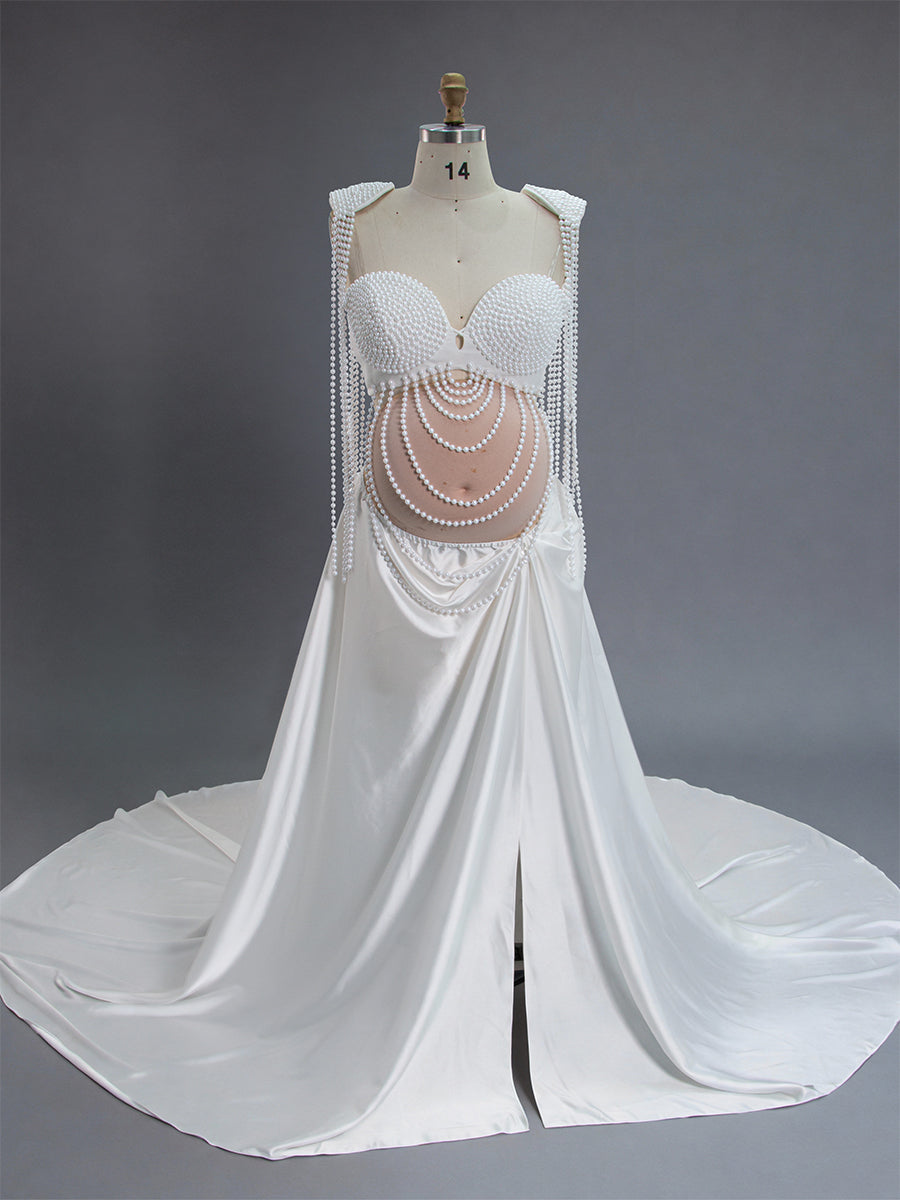 Front view of elegant pearl maternity photoshoot dress for pregnant women