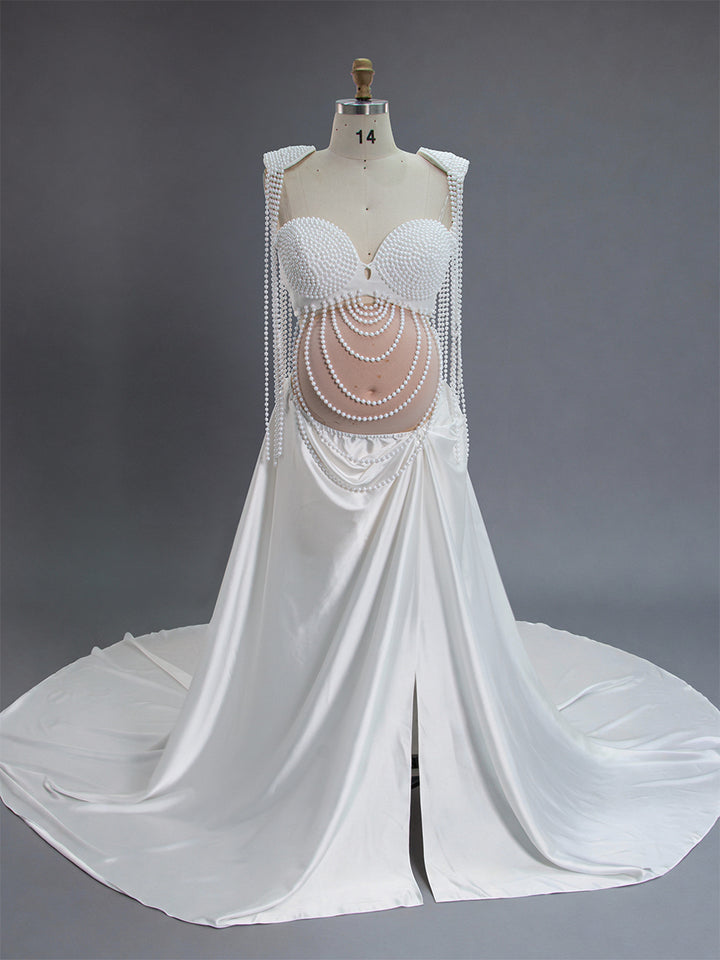 Front view of elegant pearl maternity photoshoot dress for pregnant women