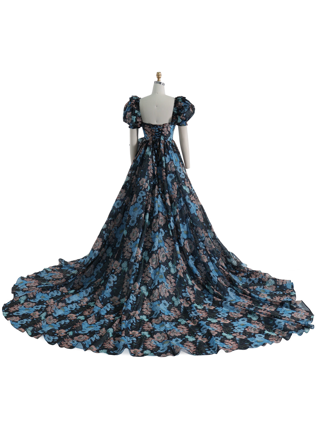 Back view of photoshoot dress featuring soft organza fabric and dramatic floral long train