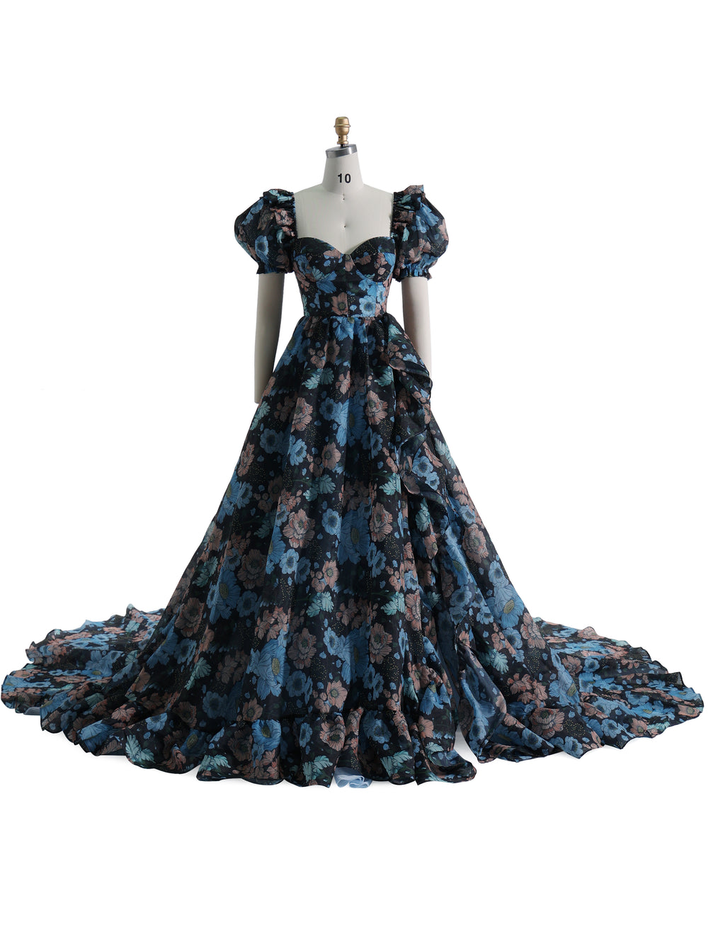 Front view of photoshoot dress with floral organza print and elegant prom gown silhouette