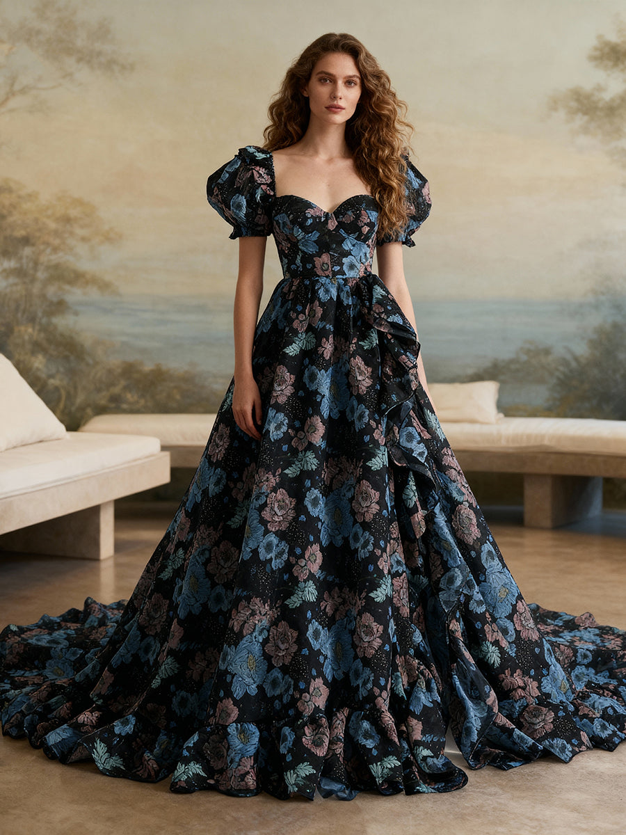 Silk Soft Organza Print Floral Prom Dress Long Train Fancy Photo Shoots Gown Maxi Dress YW231144 Size 18W / Custom Color 8~14