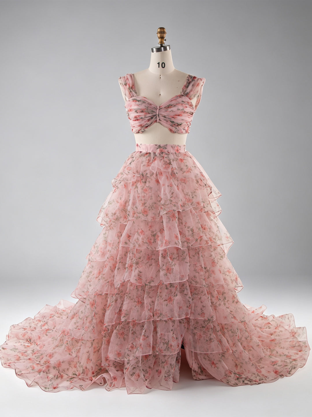 Pink Floral Photoshoot Gown Two Piece Set Layered Ruffle Special Event Party Dress