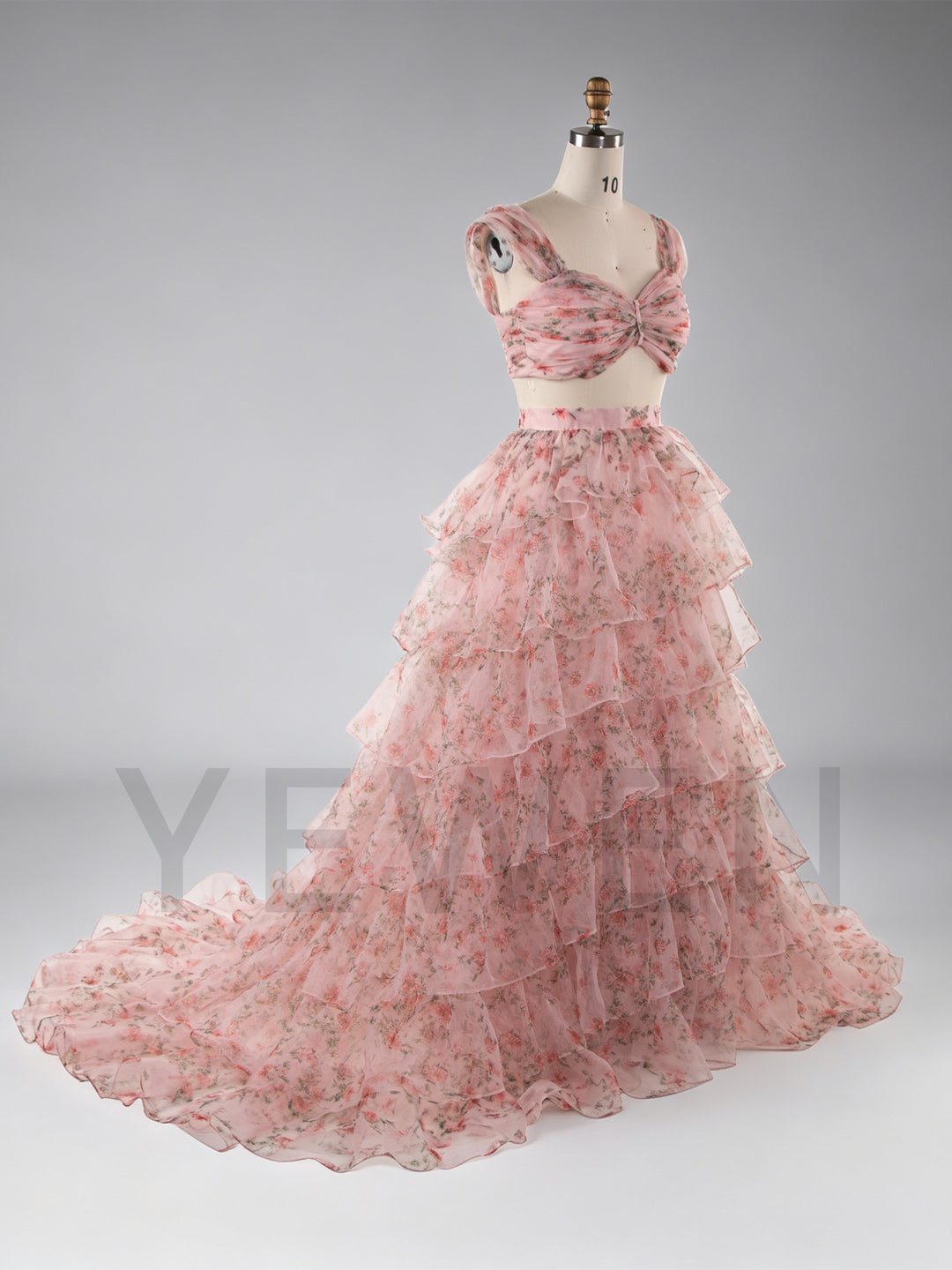 Pink Floral Photoshoot Gown Two Piece Set Layered Ruffle Special Event Party Dress