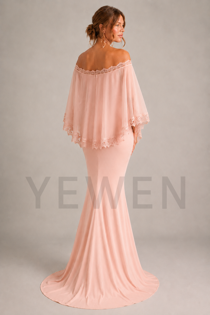A woman modeling an off-the-shoulder blush pink gown with a sheer cape-like overlay and lace trim, shown from the back against a neutral gray studio background. A large translucent 'YEWEN' watermark is visible across the lower center.