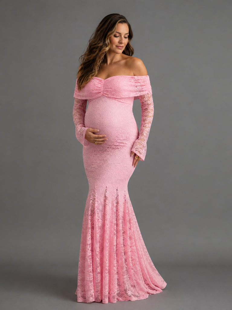 Light Pink Lace Maternity Maxi Dress for Baby Shower