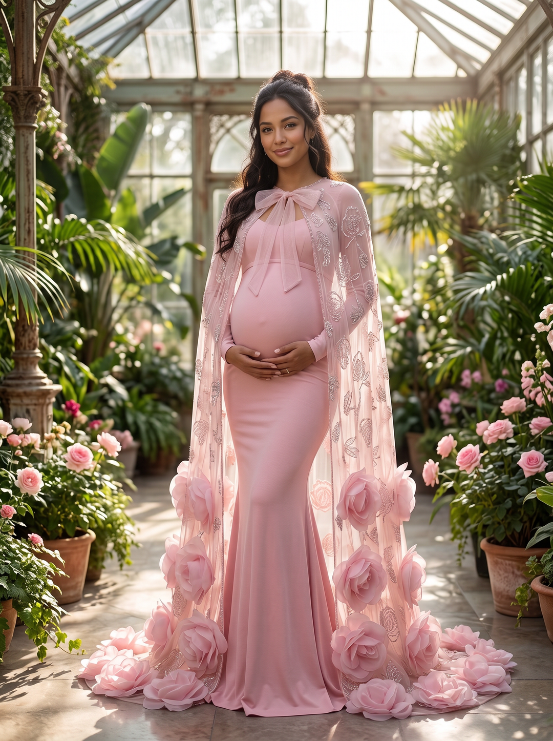 Maternity Gown with Flower Cape Pregnant Gowns Baby Shower Photoshoot Dress YD260726 – yewendress