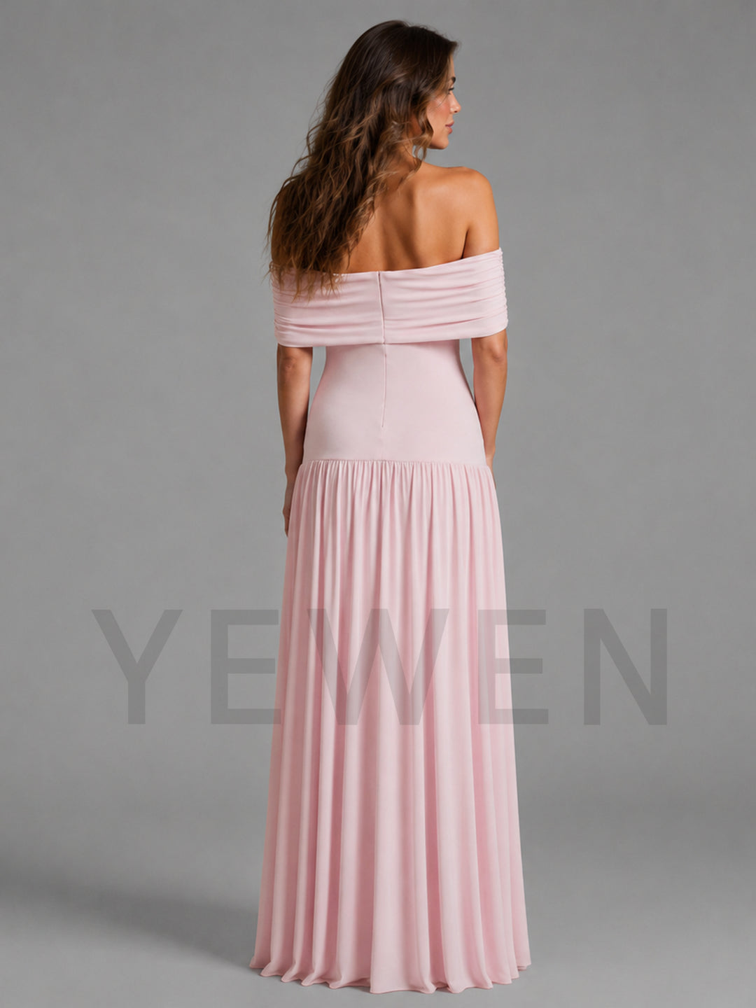 A woman modeling an off-the-shoulder, floor-length pink gown from the back against a plain gray studio background. A large translucent 'YEWEN' watermark is visible across the lower portion of the image.