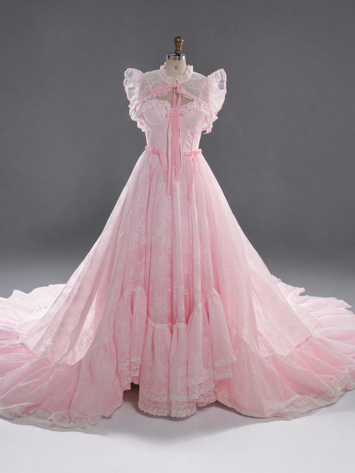 Pink Lace Princess Dress with Adjustable Train Elegant Fairytale Ball Gown YW260240