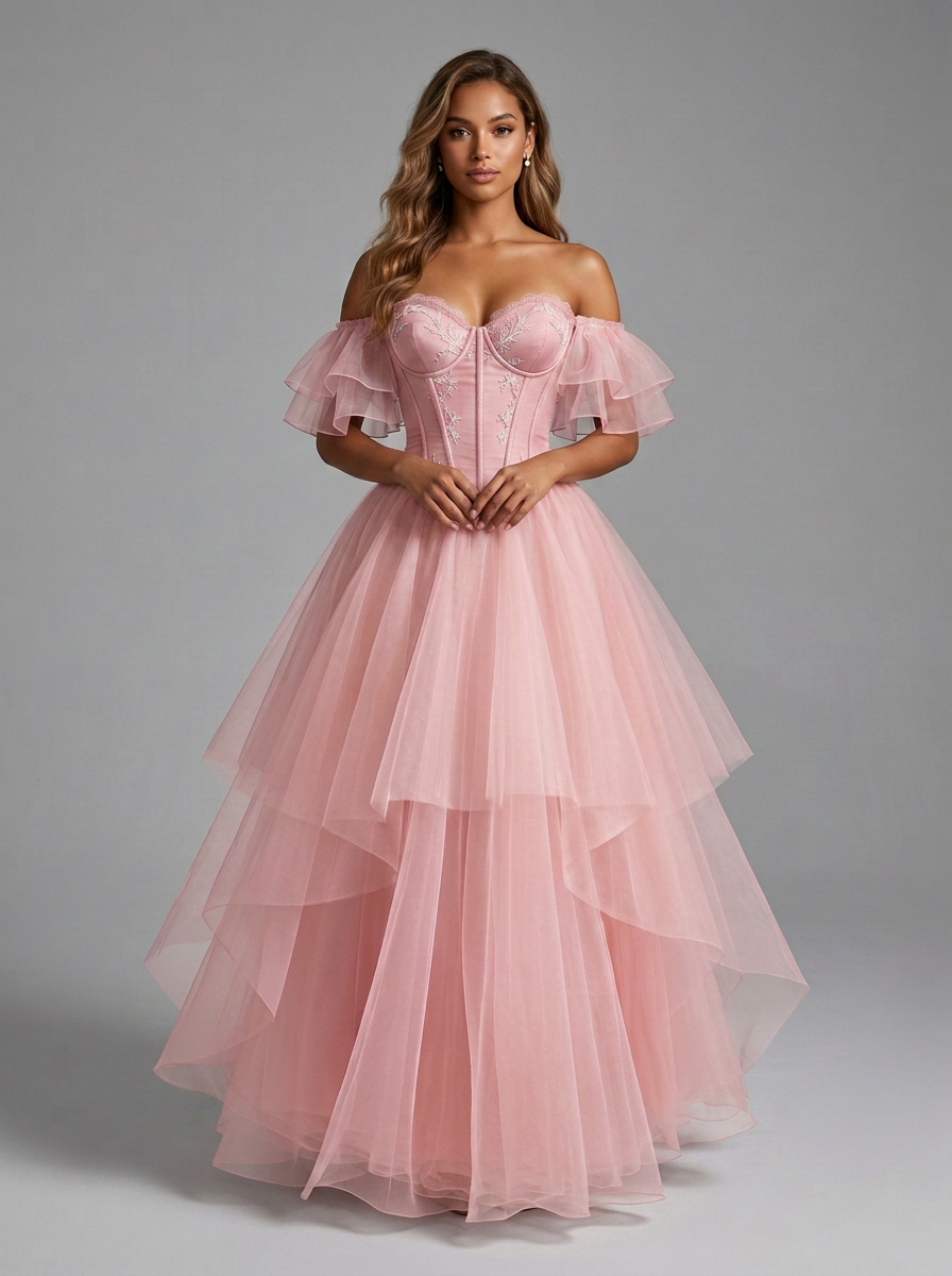 A woman modeling an off-the-shoulder pink ball gown with a structured corset-style bodice and layered tulle skirt, photographed against a plain light gray studio background.