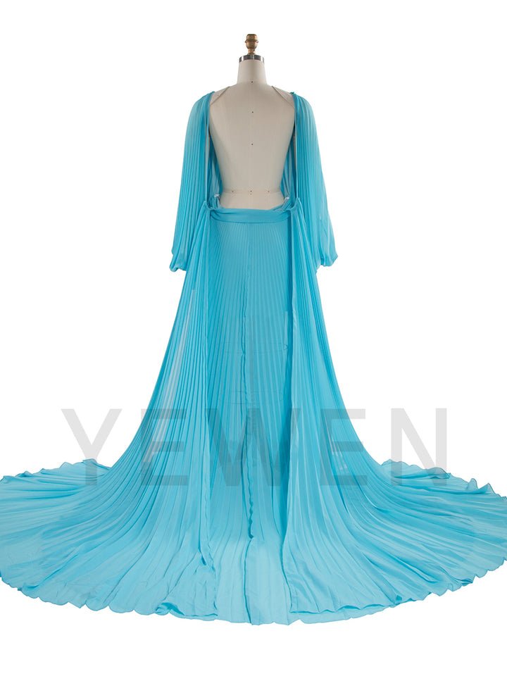 Back view of pleated blue maternity photoshoot dress designed for elegant baby shower and pregnancy photography
