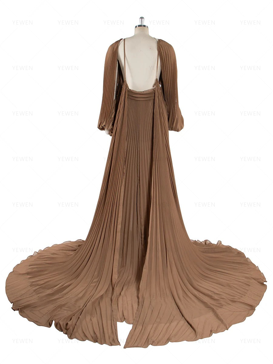 Back view of pleated brown maternity photoshoot dress designed for elegant baby shower and pregnancy photography