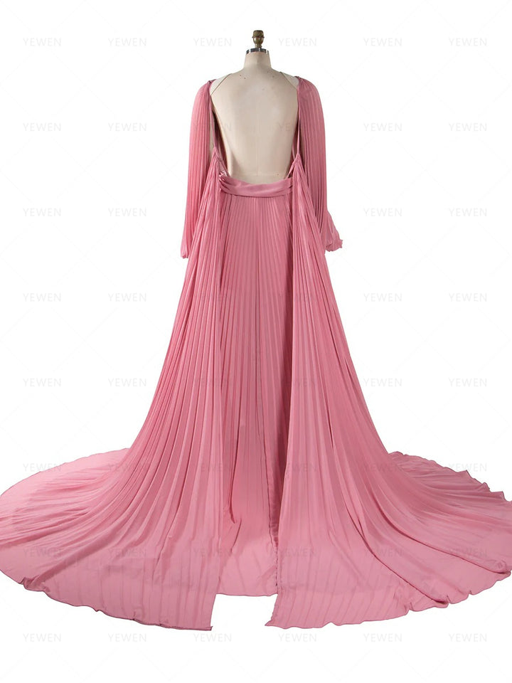 Back view of pleated pink maternity photoshoot dress designed for elegant baby shower and pregnancy photography