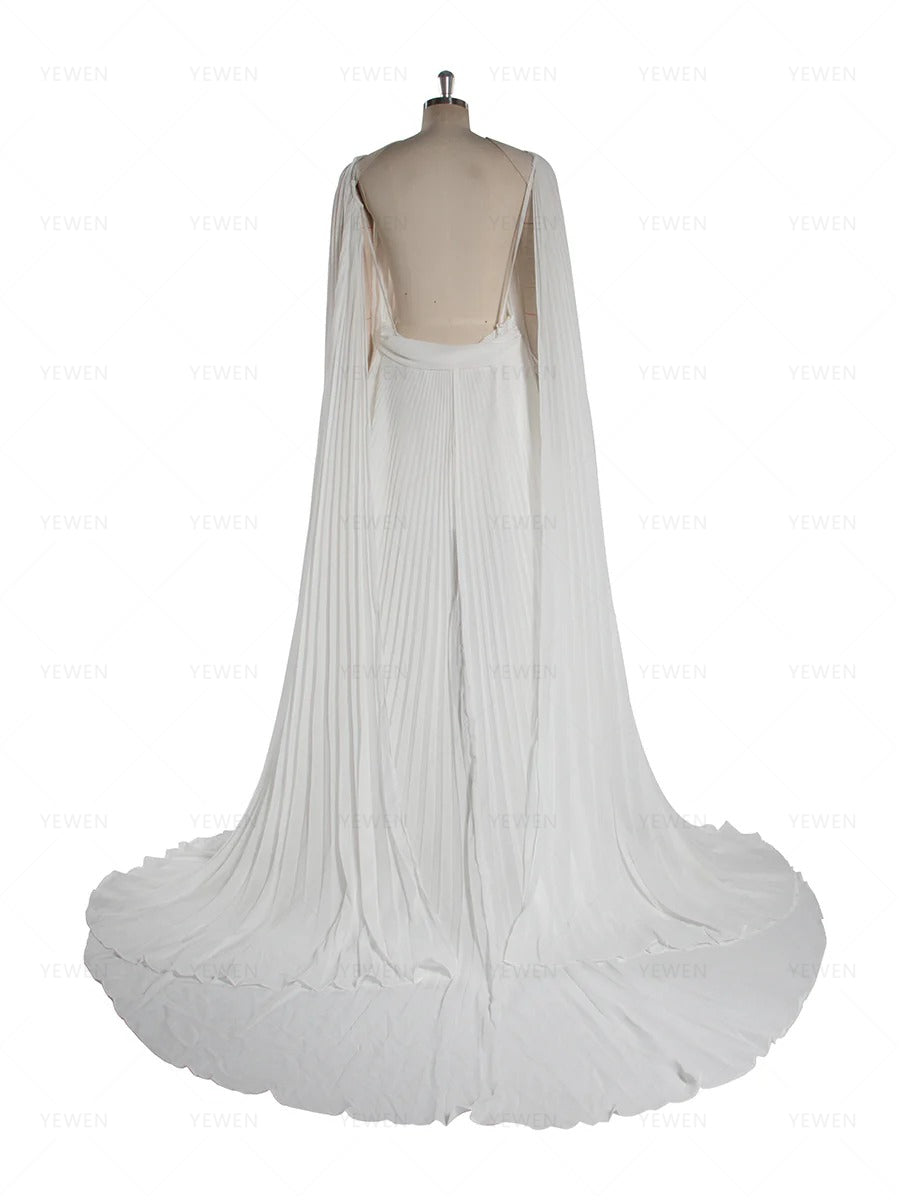 Back view of pleated white maternity photoshoot dress designed for elegant baby shower and pregnancy photography