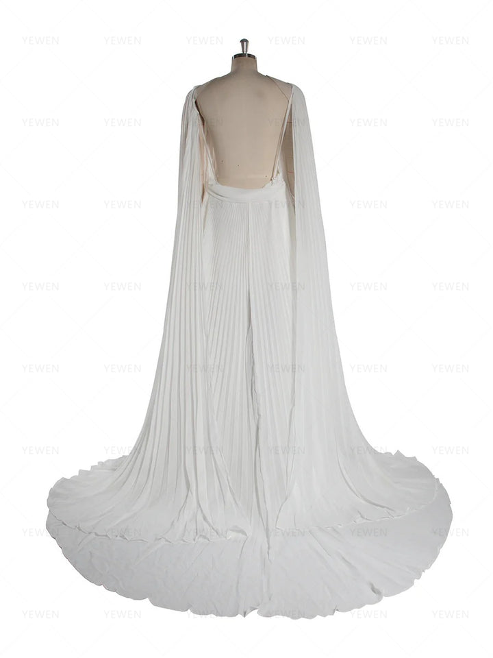 Back view of pleated white maternity photoshoot dress designed for elegant baby shower and pregnancy photography