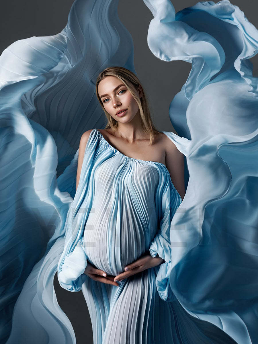 Pleated Blue Maternity Photoshoot Dress