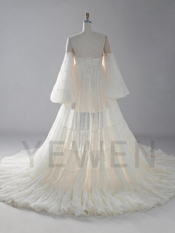 Cream Organza Pleated Maternity Gown for Baby Shower YW260305