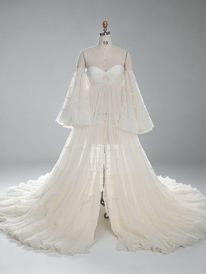 Cream Organza Pleated Maternity Gown for Baby Shower YW260305