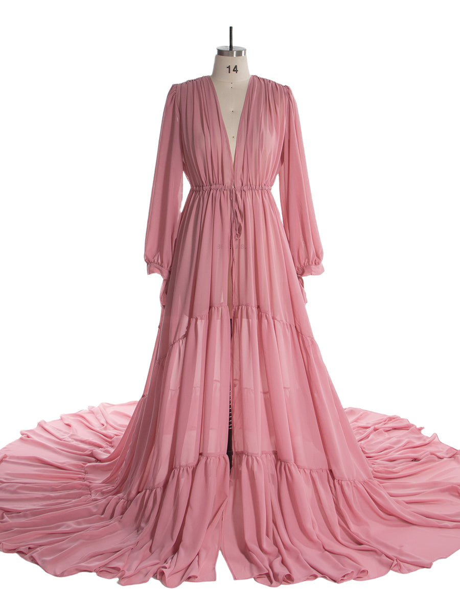 Front view of chiffon pink plus size maternity photoshoot dress with elegant flowing silhouette and custom sizing design