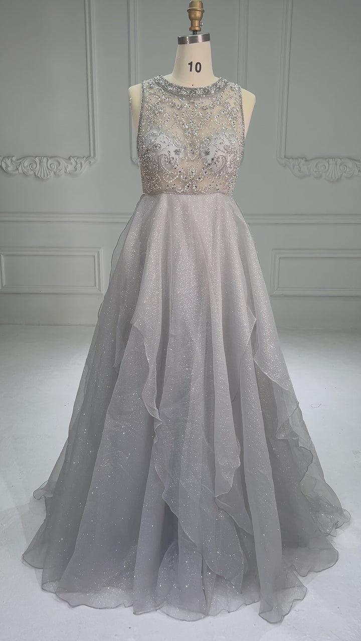 A-Line Beaded Prom Dress Floor-Length Sparkle Fabric Evening Wear Photo Shoot Dress B001