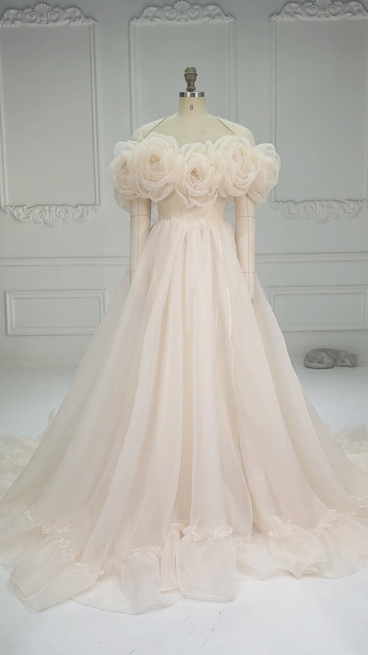 3D Floral Tulle Off-Shoulder Tiered Ruffle Princess Dress YW260367