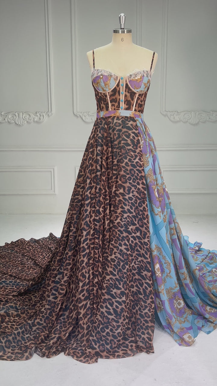 Luxury Leopard Print & Baroque Mixed Pattern Maxi Dress with Train for Women Photoshoot Outfit YW250066
