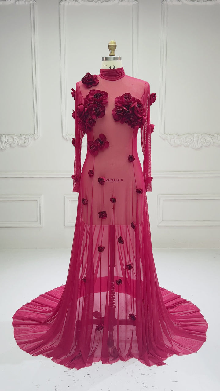 Sheer Stretch Tulle Maternity Gown 3D Rose Appliqués Maternity Dress for Photo Shoot YW260237