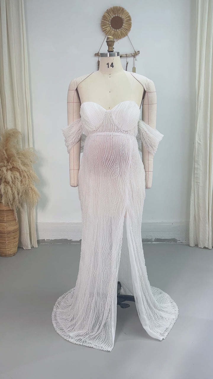 Luxury Pearls Maternity Fitted Dress for Photoshoot Maternity Gown for Photography YW251045