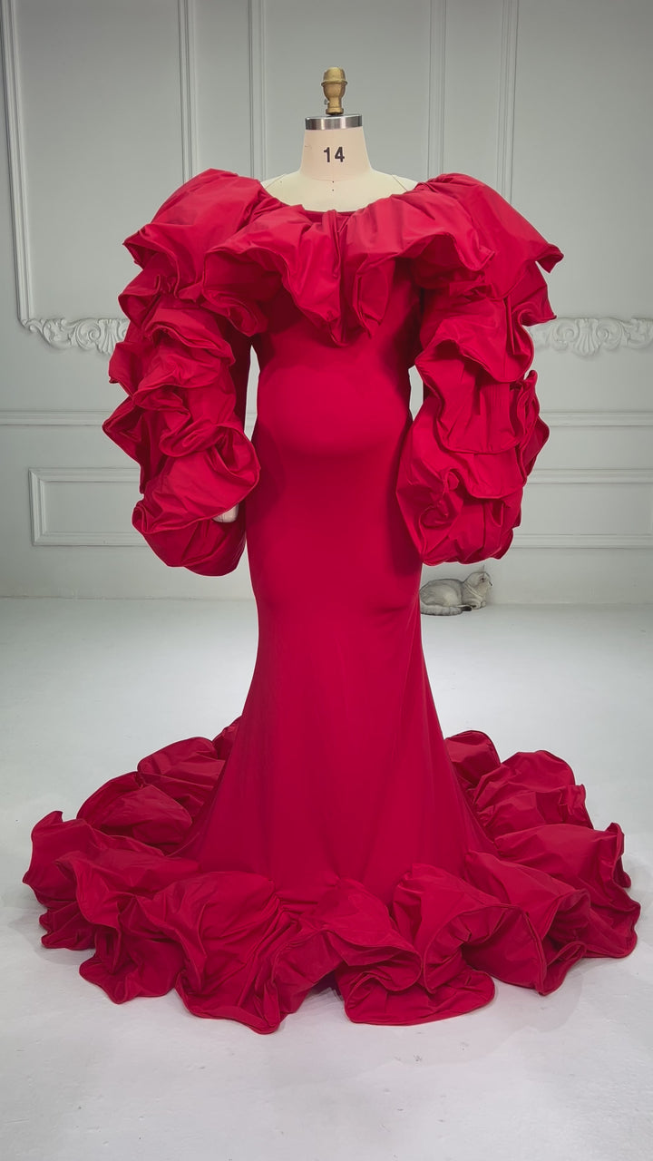 Black Couture Mermaid Dress for Photoshoot Unique Ruched Sleeevs And Bottom Backless Dresses YW250050