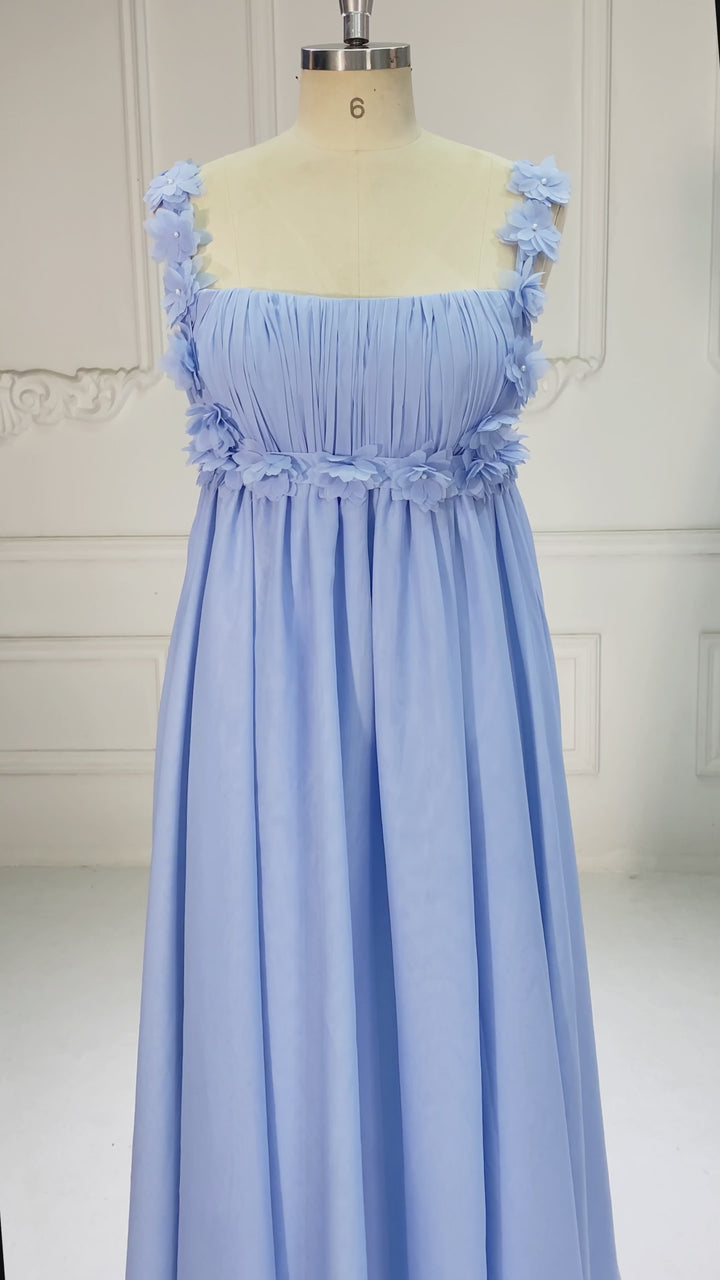 Light Blue Square Neck 3D Floral Maternity Baby Shower Dress L-26926