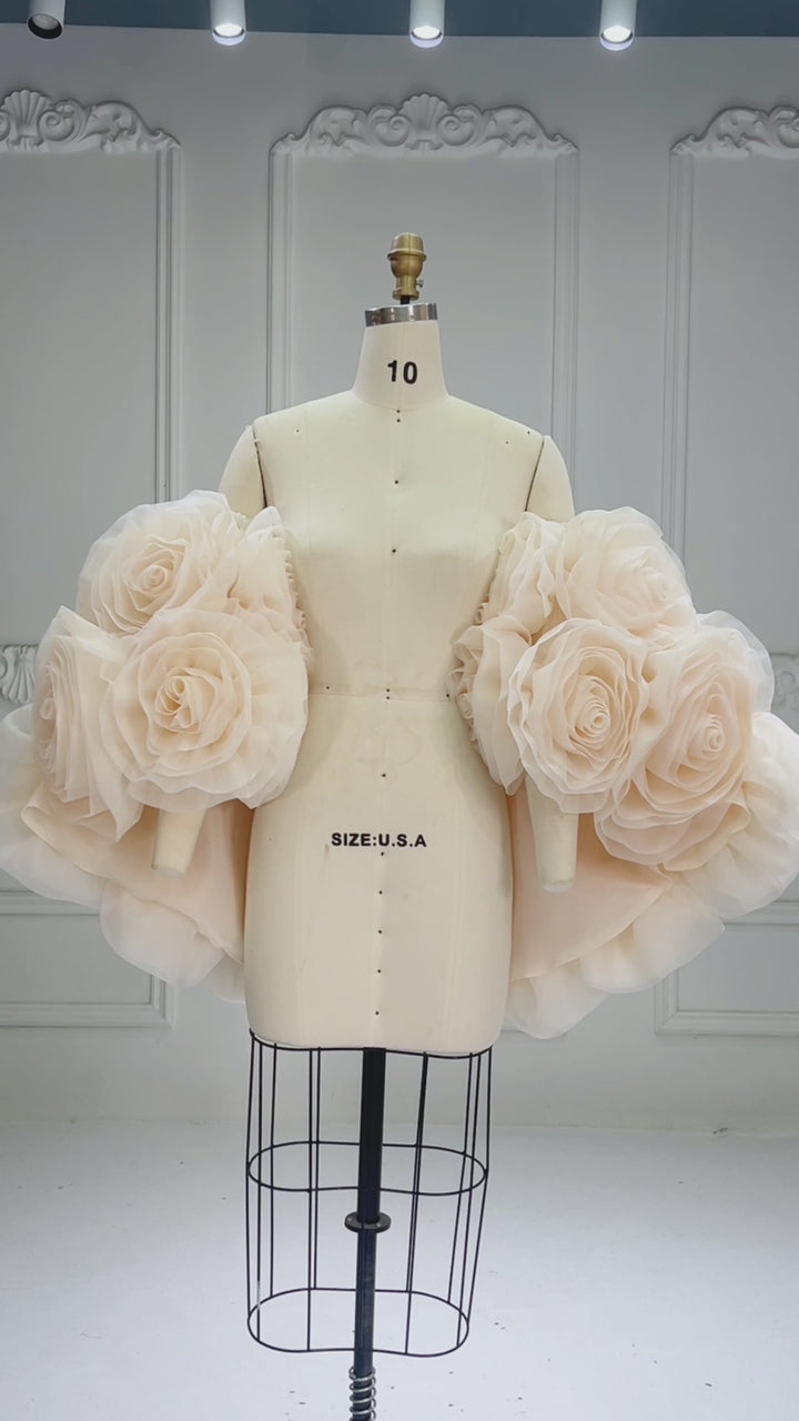 Bridal Organza Cape with Handmade Flowers Romantic Photography Cape YW260263-1