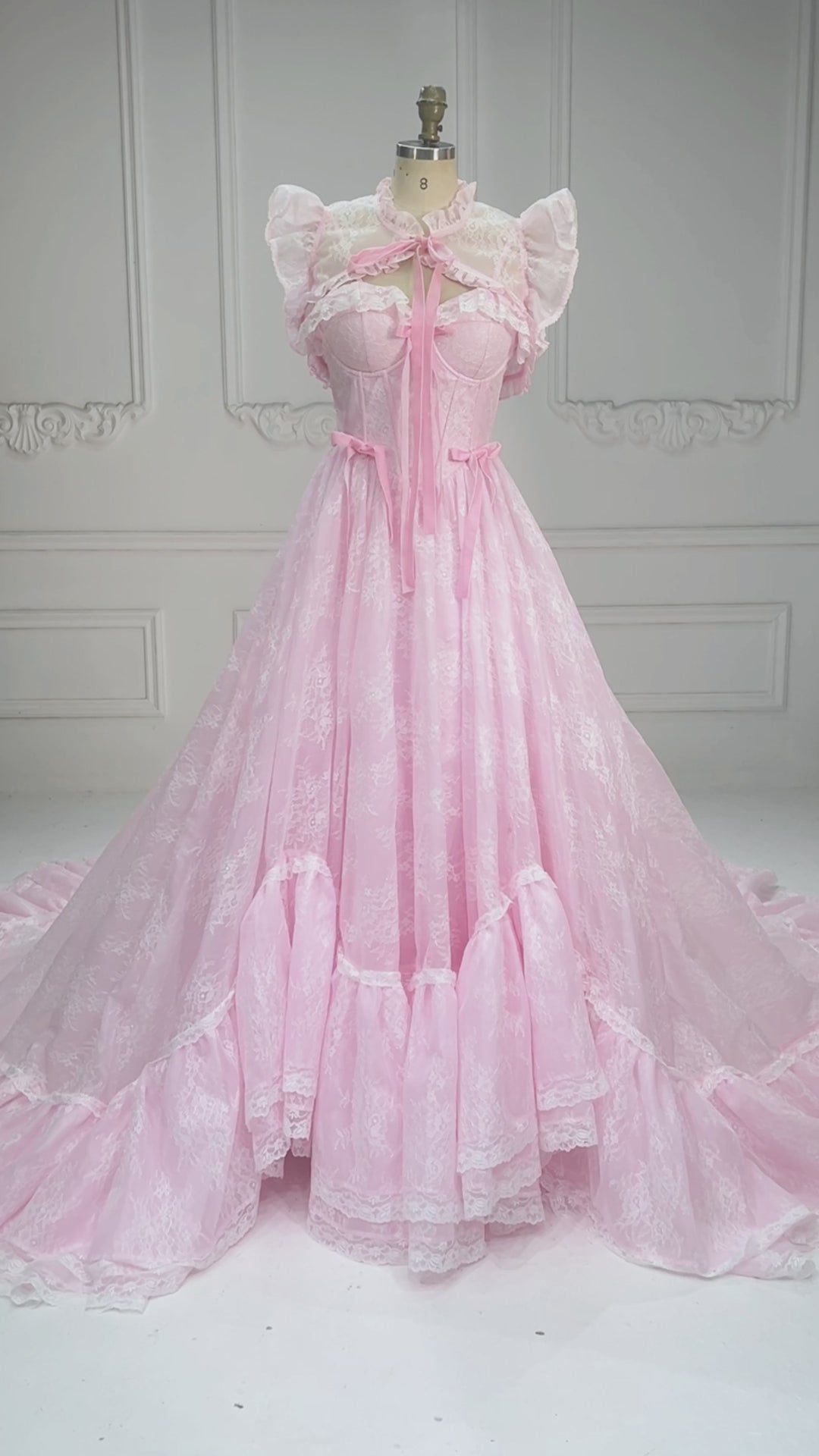 Pink Lace Princess Dress with Adjustable Train Elegant Fairytale Ball Gown YW260240
