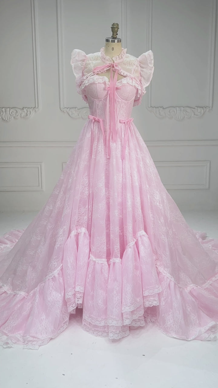 Pink Lace Princess Dress with Adjustable Train Elegant Fairytale Ball Gown YW260240