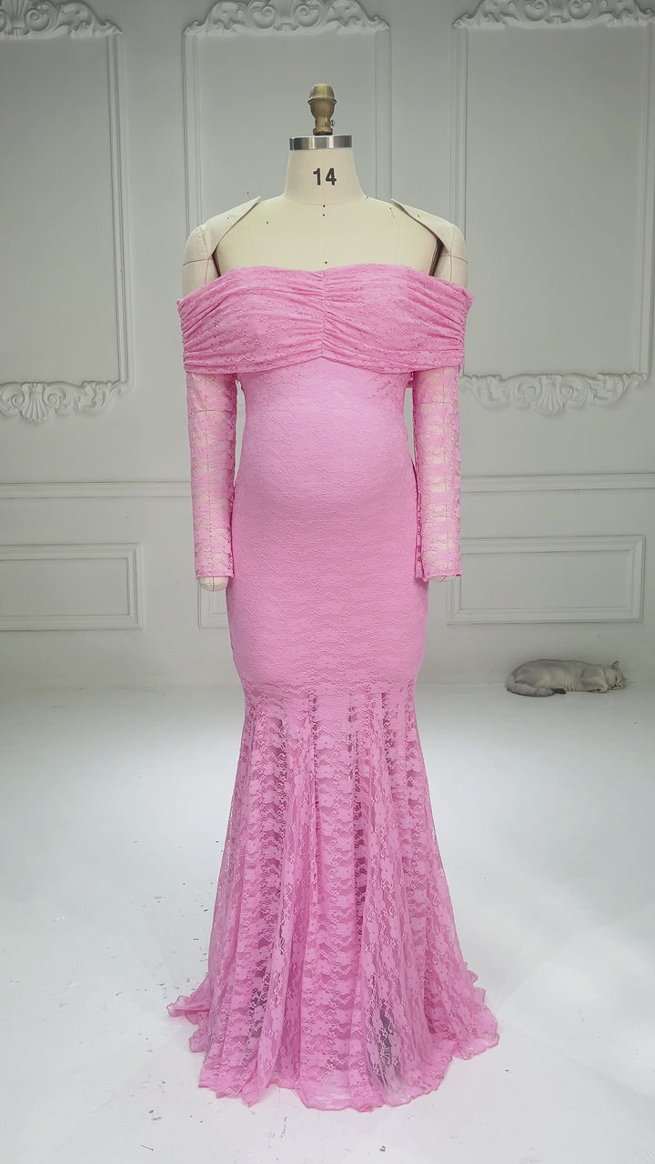 Pink Lace Maternity Maxi Dress for Baby Shower Wear Photoshoot YW260368