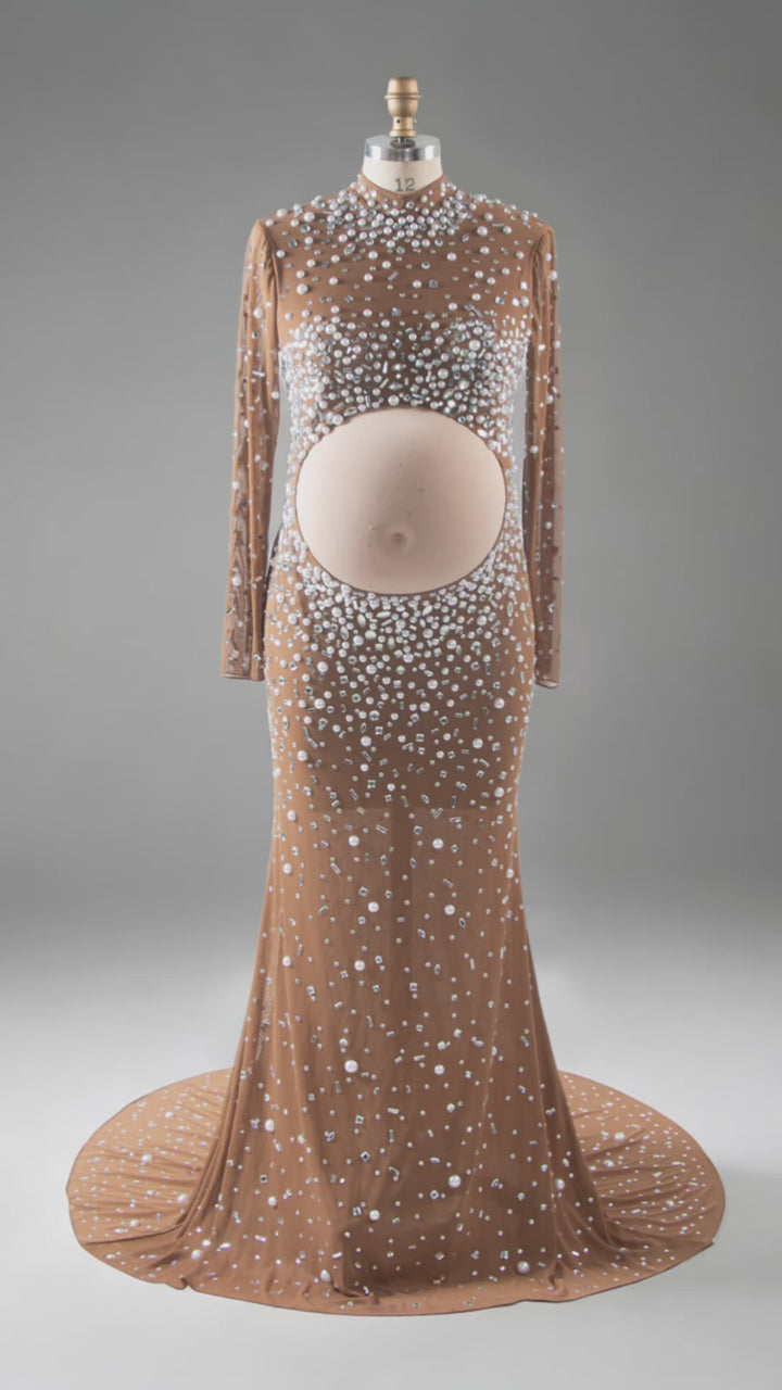 Sexy Beaded Maternity Photography Dress Split Shiny Pearl Rhinestone Stretch Fabric Long Dress Maternity Photo Shoot Dress YW260243